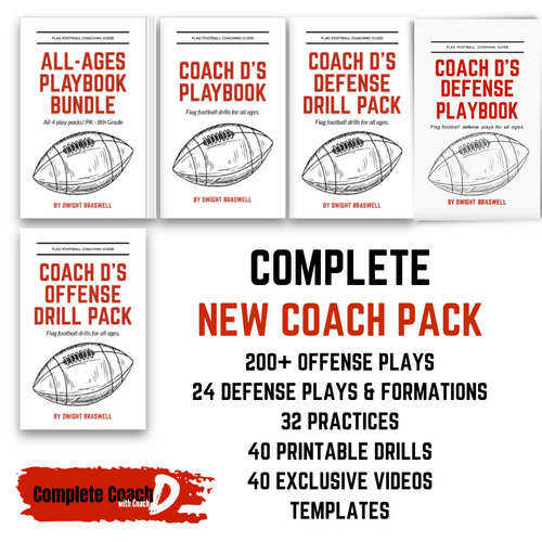 COMPLETE NEW COACH PACK: 200 OFFENSE Plays + 24 DEFENSE Plays + 40 Drills + 32 Practices + 40 EXCLUSIVE videos -No Equipment included *POPULAR with First Time Coaches
