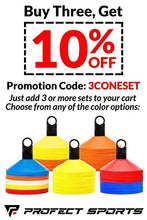 Load image into Gallery viewer, Pro Disc Cones (Set of 50) - Agility Soccer Cones with Carry Bag and Holder for Training, Football, Kids, Sports, Field Cone Markers - Includes Top 15 Drills eBook (Multi-Color)