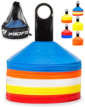 Load image into Gallery viewer, Pro Disc Cones (Set of 50) - Agility Soccer Cones with Carry Bag and Holder for Training, Football, Kids, Sports, Field Cone Markers - Includes Top 15 Drills eBook (Multi-Color)