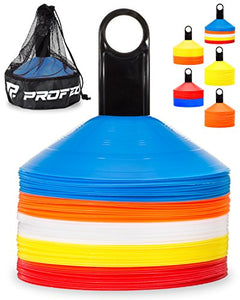 Pro Disc Cones (Set of 50) - Agility Soccer Cones with Carry Bag and Holder for Training, Football, Kids, Sports, Field Cone Markers - Includes Top 15 Drills eBook (Multi-Color)