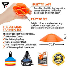 Load image into Gallery viewer, Pro Disc Cones (Set of 50) - Agility Soccer Cones with Carry Bag and Holder for Training, Football, Kids, Sports, Field Cone Markers - Includes Top 15 Drills eBook (Multi-Color)