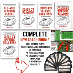 COMPLETE NEW COACH BUNDLE: 200 OFFENSE Plays + 24 DEFENSE Plays + 40 Drills + 32 Practices + Coach's BOOTCAMP + 10 Wristbands + Coach's Kit + 40 EXCLUSIVE videos + MORE Bundle *First Time Coach FAVORITE*