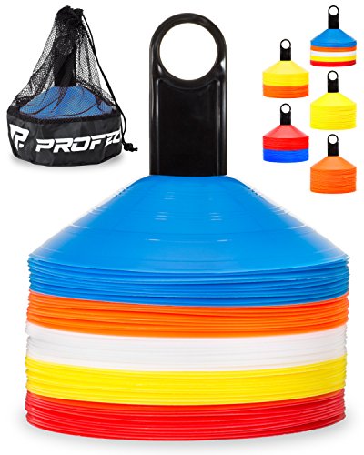 Pro Disc Cones (Set of 50) - Agility Soccer Cones with Carry Bag and Holder for Training, Football, Kids, Sports, Field Cone Markers - Includes Top 15 Drills eBook (Multi-Color)